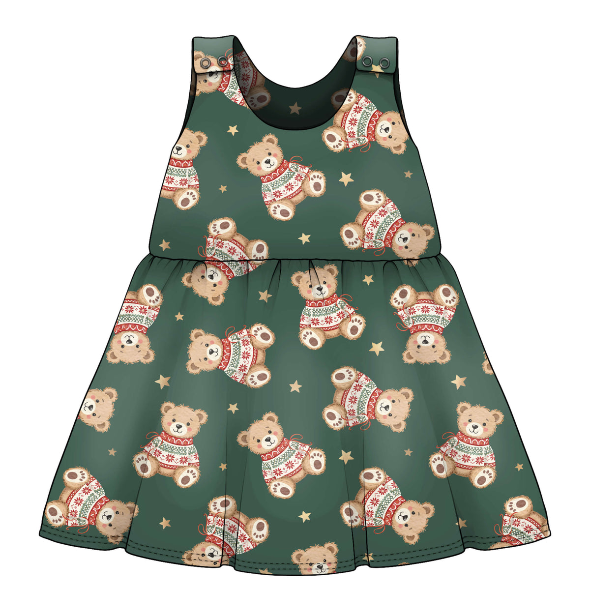 A sleeveless baby dress with a festive holiday print featuring teddy bears wearing red and green sweaters and small gold stars on a dark green base French Terry fabric..