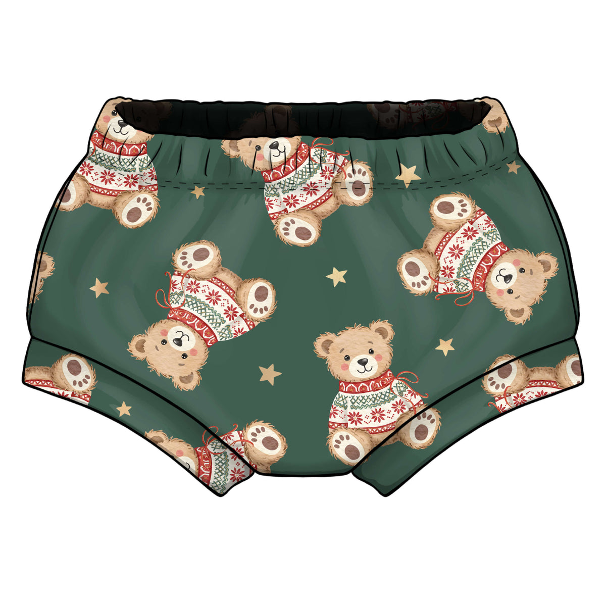 A pair of green children's shorts featuring a repeating pattern of teddy bears wearing red and white holiday sweaters, accented with small gold stars and elasticted waist