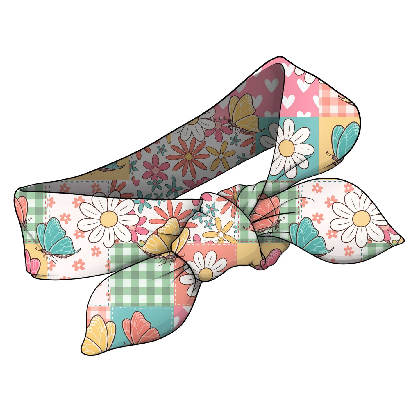 Colourful floral butterfly headband on a patchwork background
