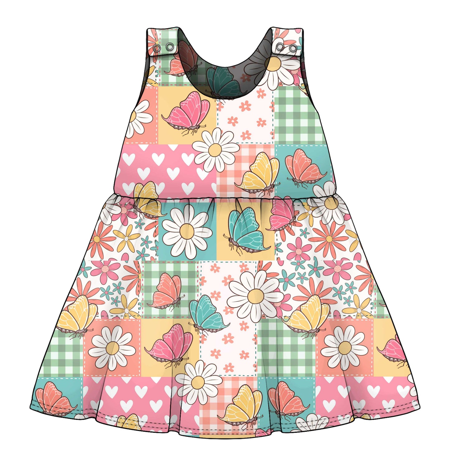 Colorful dress with floral and butterfly pattern on a white background