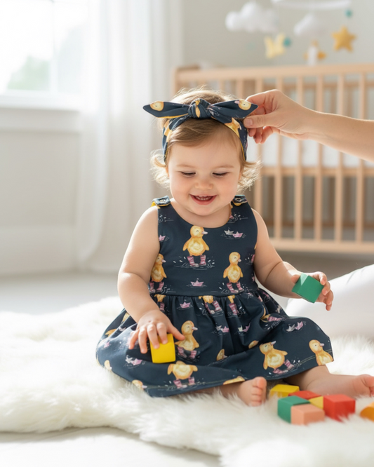 Personally Stitched dark blue jersey dress with yellow lining, featuring a cute duck print in pink boots and paper boats. Popper fasteners at shoulders.