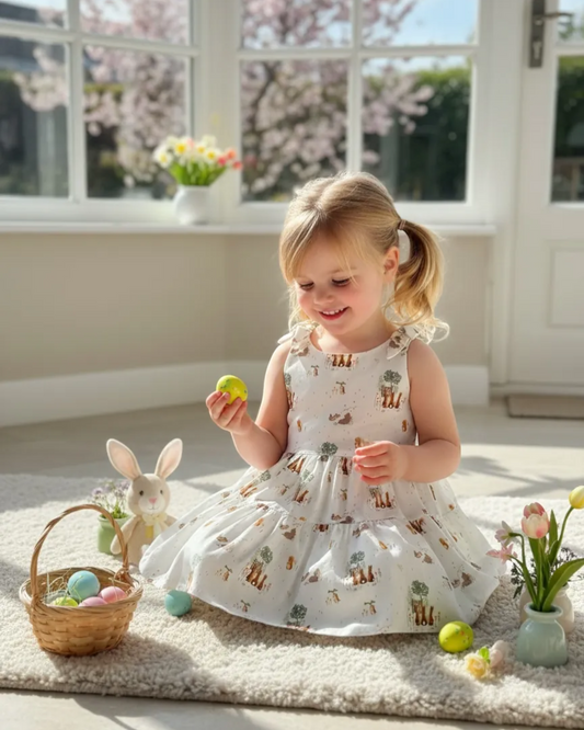 Personally Stitched limited edition white cotton dress with woodland bunny print, tiered skirt, and shoulder ties. Perfect for Easter.