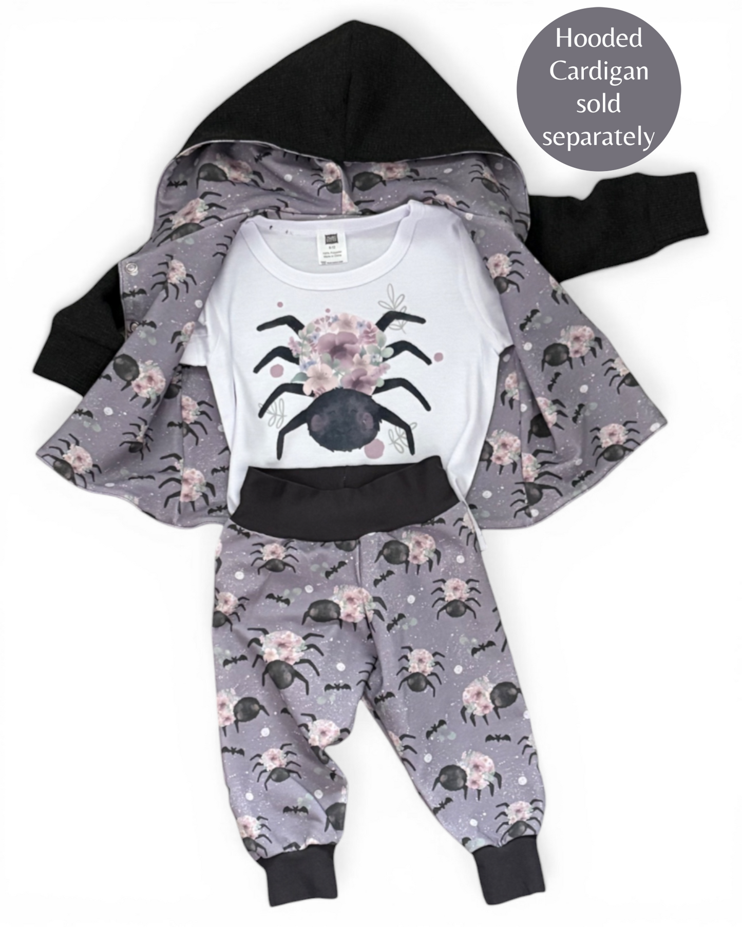 Personally Stitched 6-9 months floral spider print French terry 3-piece baby outfit with white t-shirt, pants, and headband.