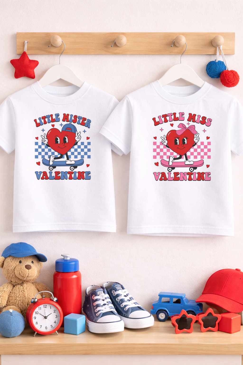 Valentine’s kids T-shirts displayed on wooden rail with red and blue accessories