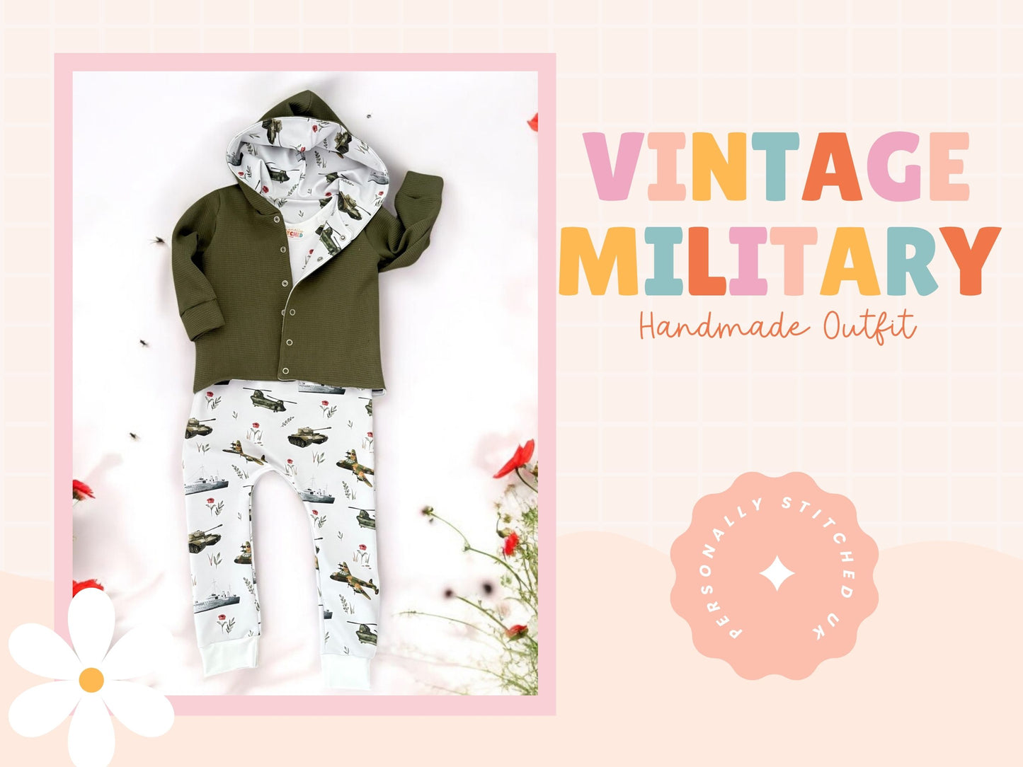 Vintage Military Print French Terry Romper (Handmade To Order)