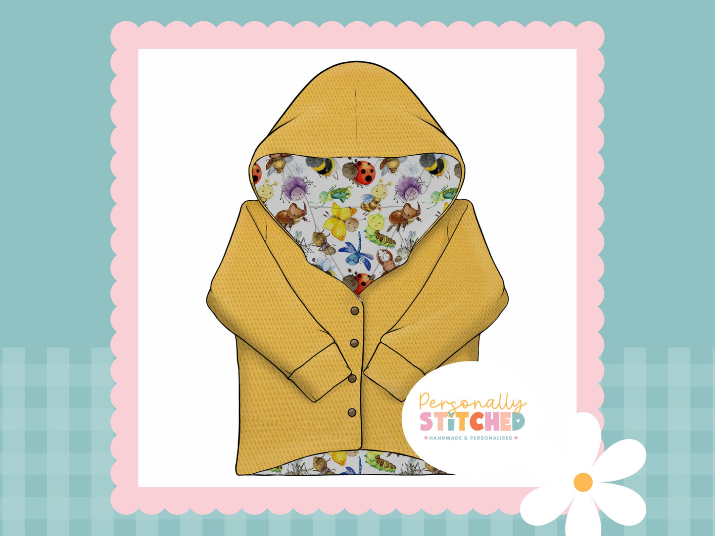 Happy Bugs Print & Yellow Waffle Knit Hooded Cardigan (Handmade To Order)