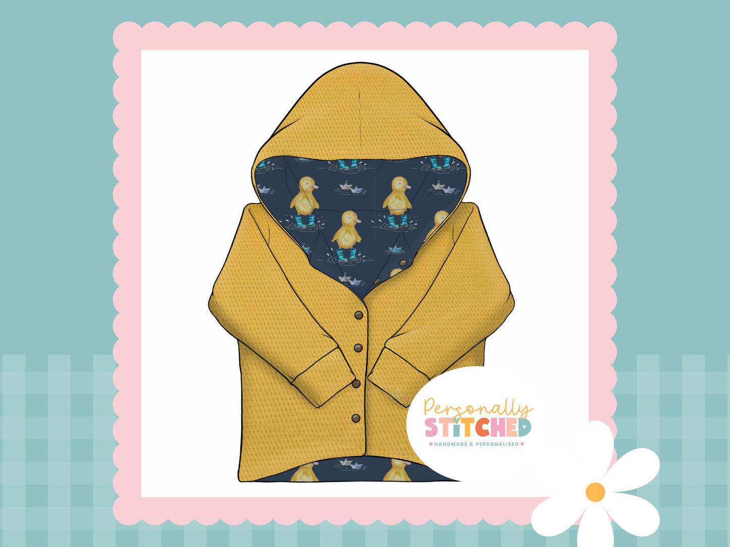 Buddy Duck Print & Yellow Waffle Knit Hooded Cardigan (Handmade To Order)