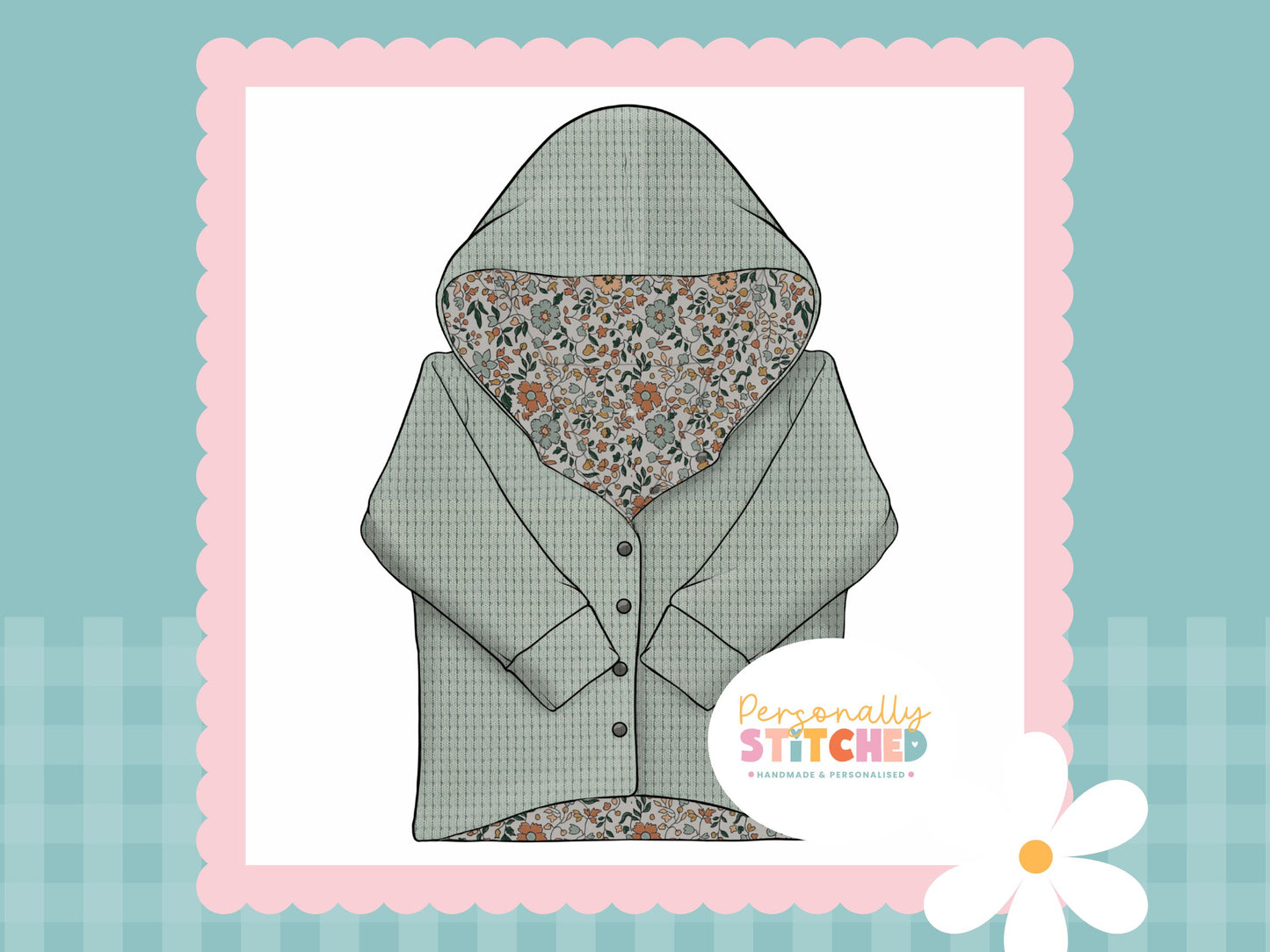 Autumn Florals Print & Sea Green Waffle Knit Hooded Cardigan (Handmade To Order)