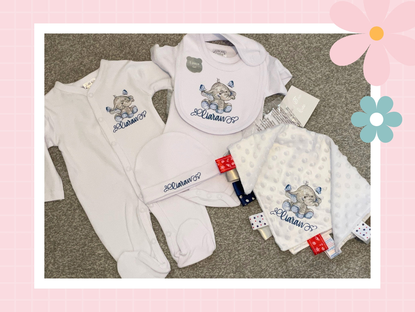 5 Piece Personalised Layette Set ✭ Elle The Elephant Design