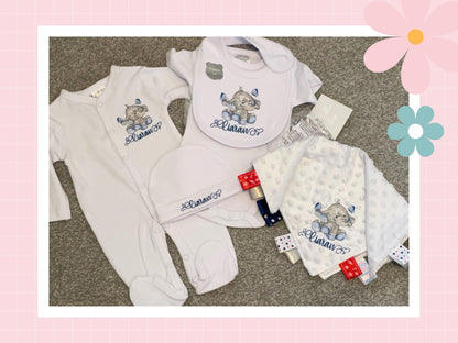 5 Piece Personalised Layette Set | Elle The Elephant Design | Embroidered