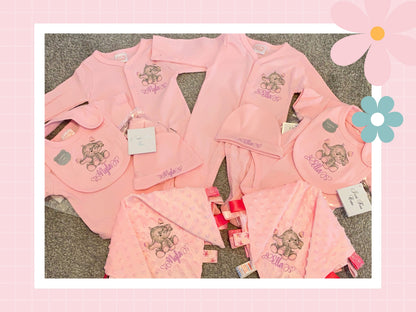 5 Piece Personalised Layette Set | Elle The Elephant Design | Embroidered