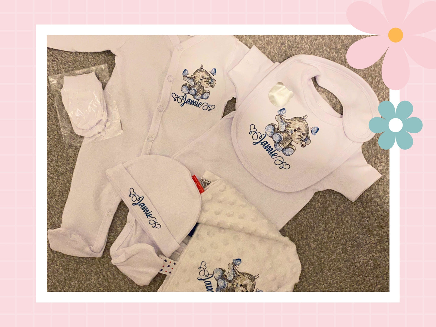 5 Piece Personalised Layette Set ✭ Elle The Elephant Design