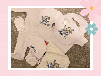 5 Piece Personalised Layette Set | Elle The Elephant Design | Embroidered