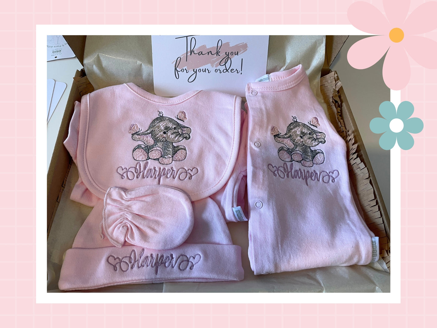 5 Piece Personalised Layette Set ✭ Elle The Elephant Design