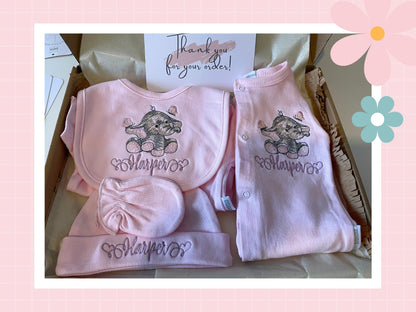 5 Piece Personalised Layette Set | Elle The Elephant Design | Embroidered