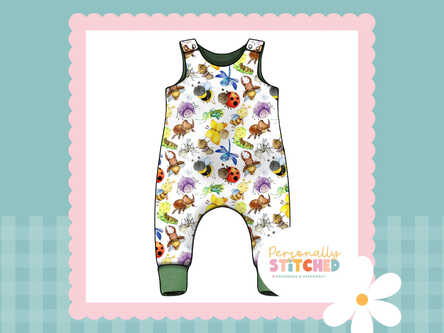 Happy Bugs Print French Terry Romper (Handmade To Order)