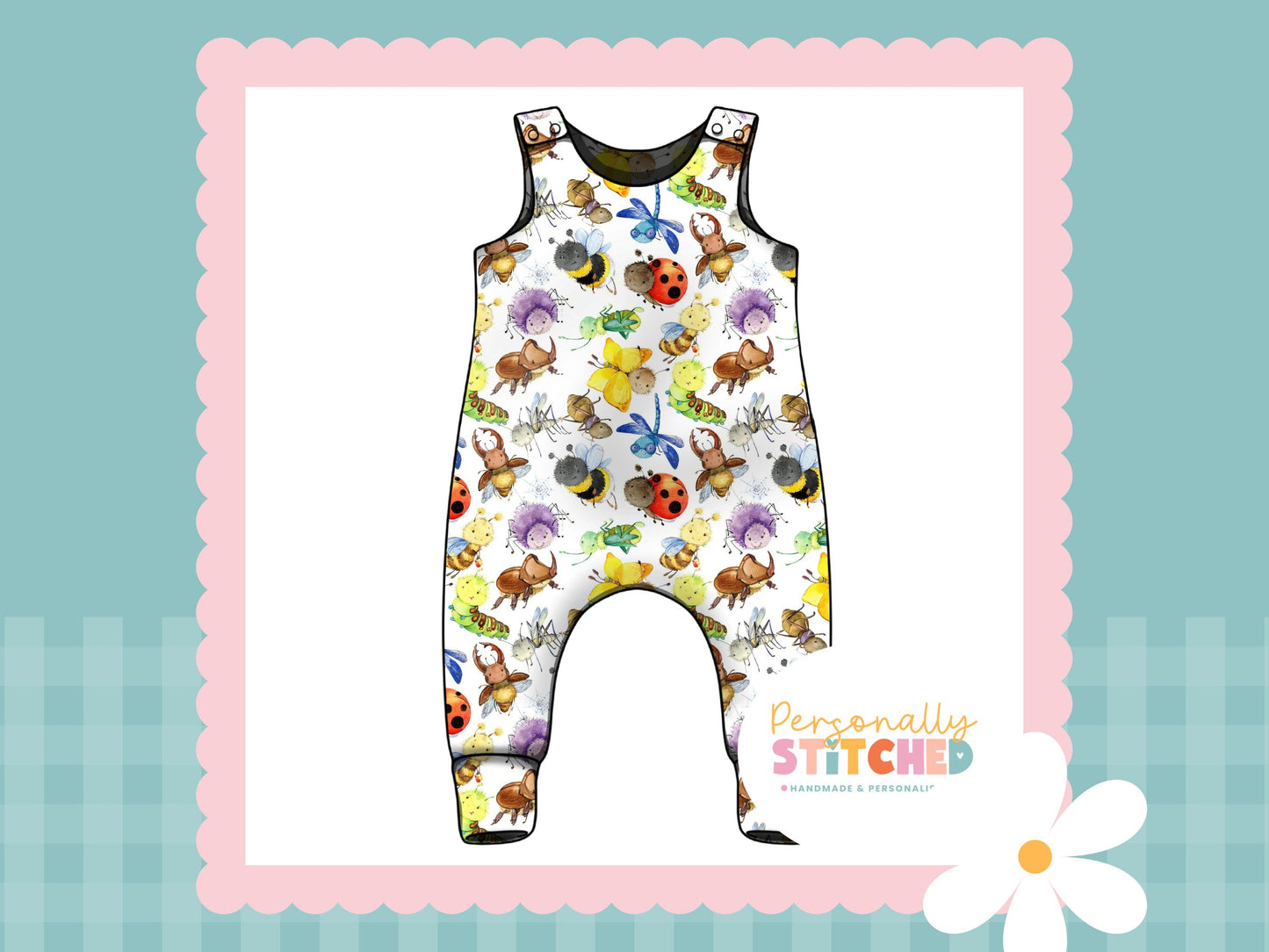 Happy Bugs Print French Terry Romper (Handmade To Order)