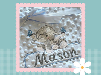 Personalised Dimple Fleece Blanket | Elle The Elephant Frame | Embroidered