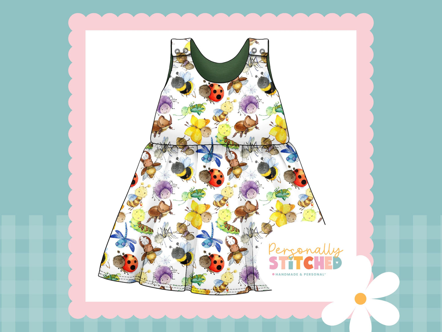 Happy Bugs Print French Terry Blossom Dress (Handmade To Order)