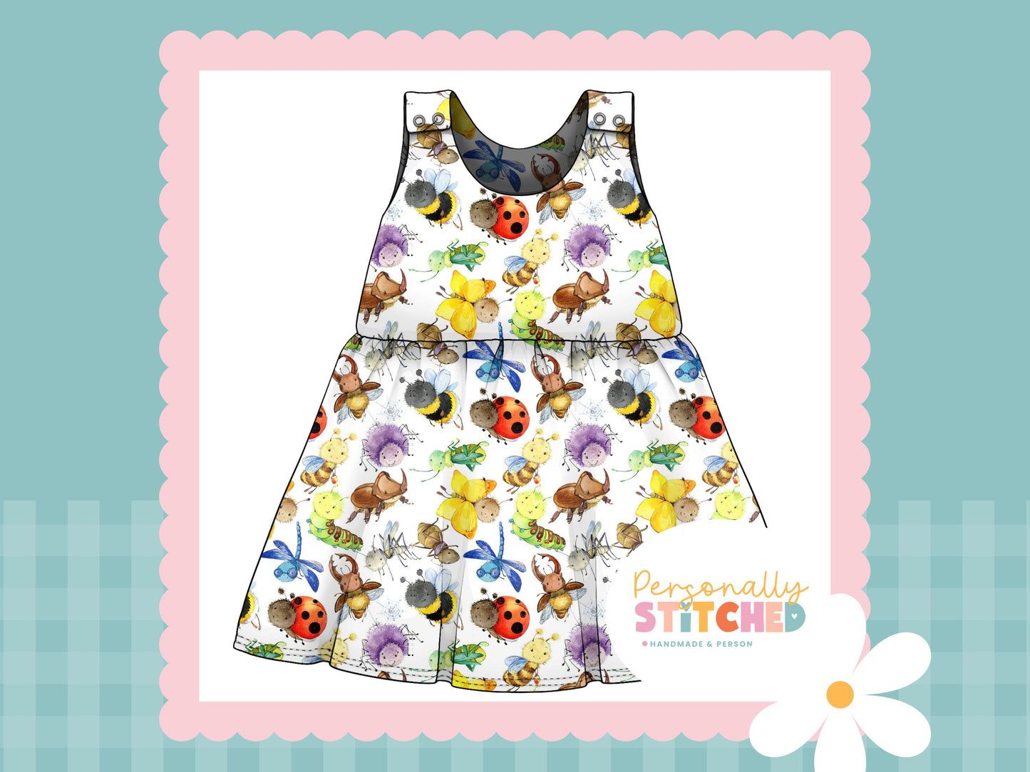 Happy Bugs Print French Terry Blossom Dress (Handmade To Order)