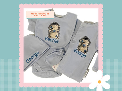 5 Piece Personalised Layette Set | Hedgehog Design | Embroidered