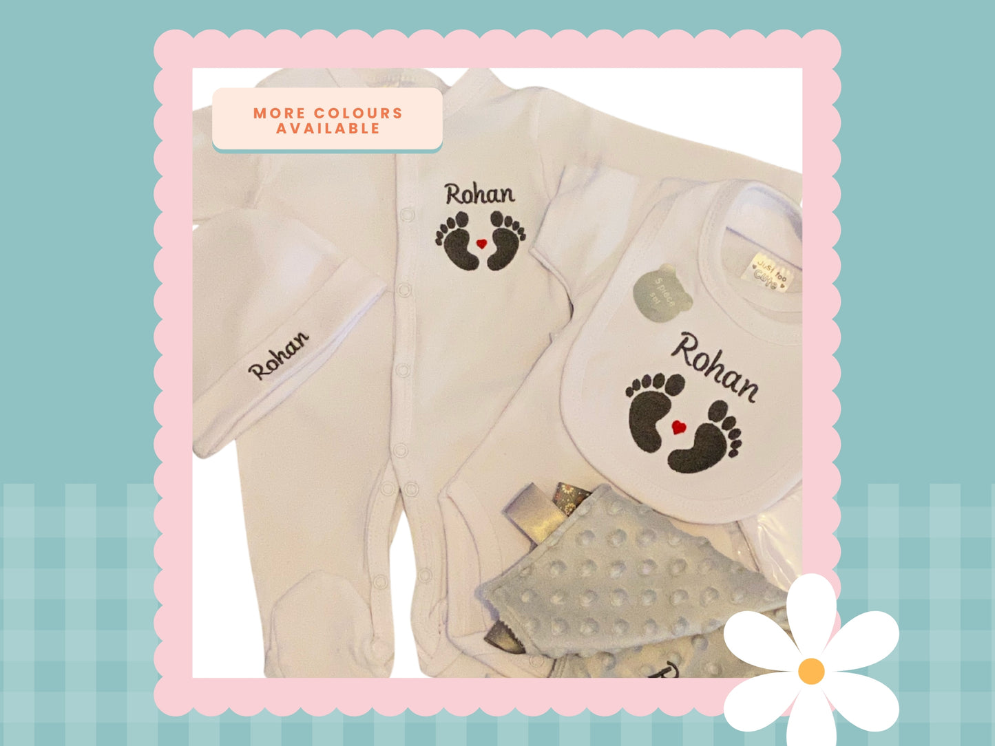 5 Piece Personalised Layette Set ✭ Baby Feet Design