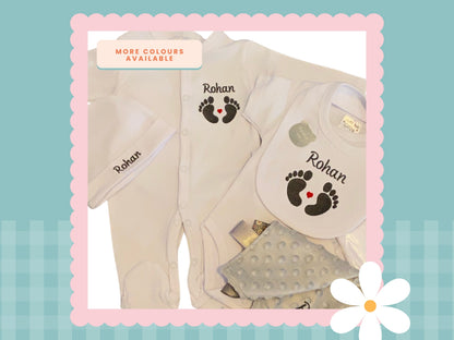 5 Piece Personalised Layette Set | Baby Feet Design | Embroidered