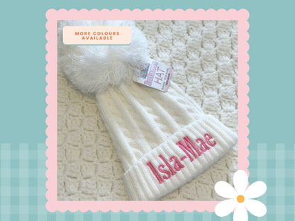 Personalised Cable Knit Hat with Pom Pom | Embroidered