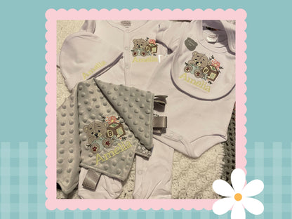 5 Piece Personalised Layette Set | Bear Design | Embroidered