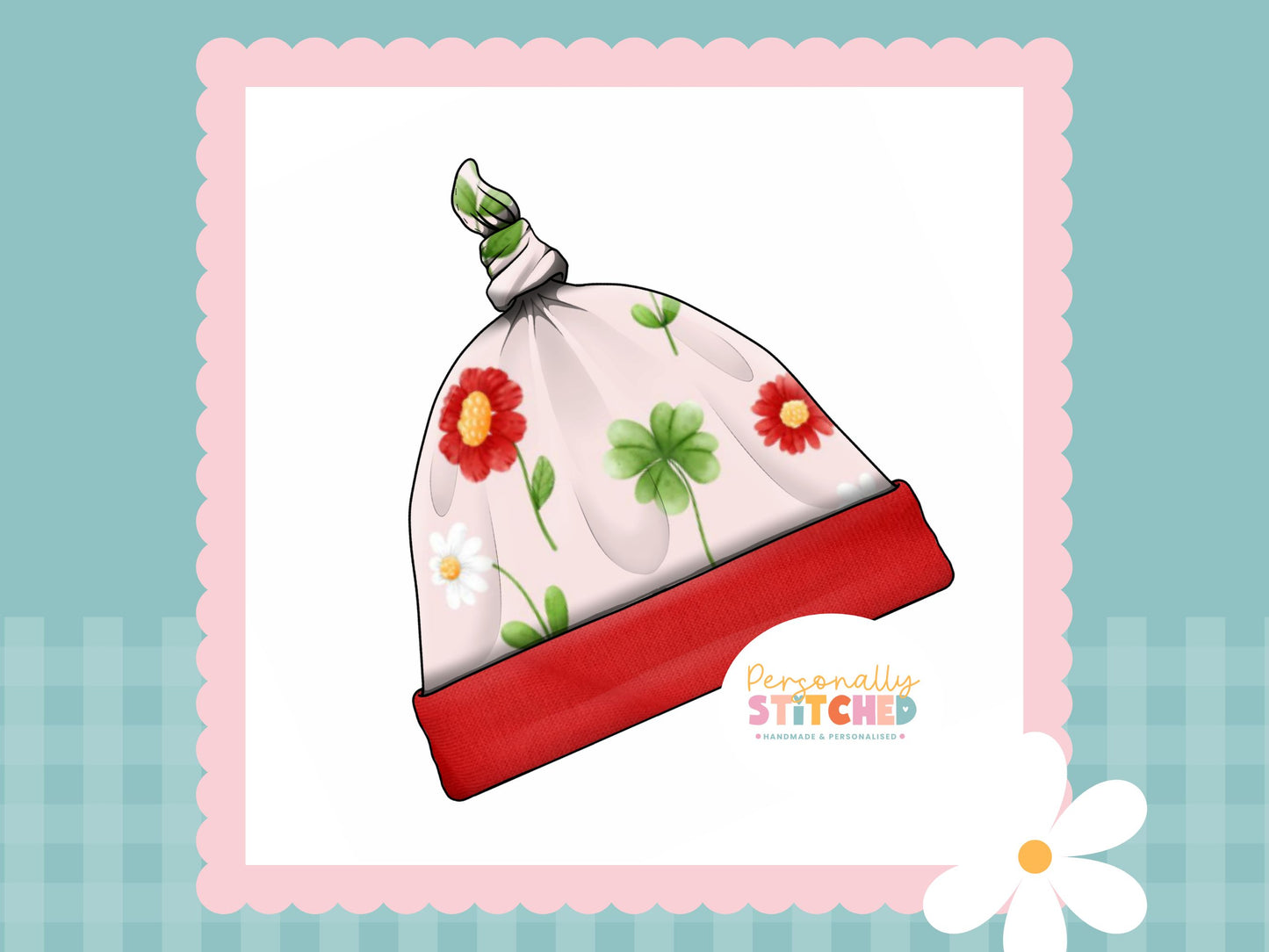 Ladybird Flowers Print Handmade Tie Knot Baby Hat