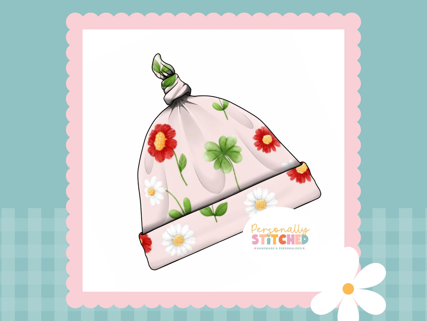 Ladybird Flowers Print Handmade Tie Knot Baby Hat