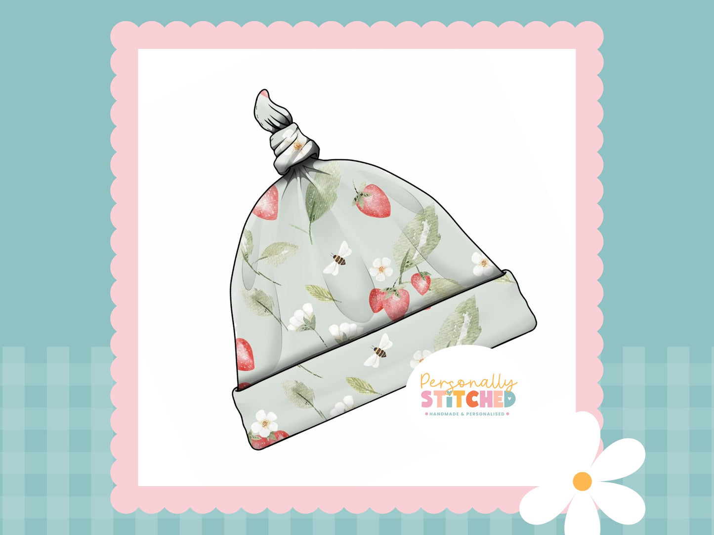 Strawberry Meadow Print Handmade Tie Knot Baby Hat