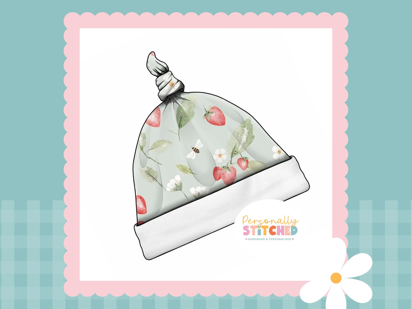 Strawberry Meadow Print Handmade Tie Knot Baby Hat