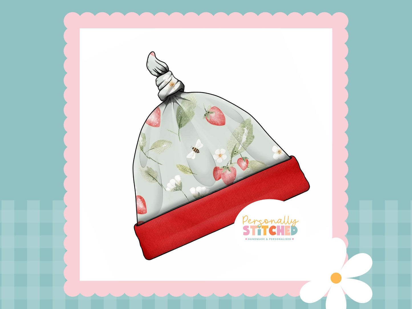 Strawberry Meadow Print Handmade Tie Knot Baby Hat