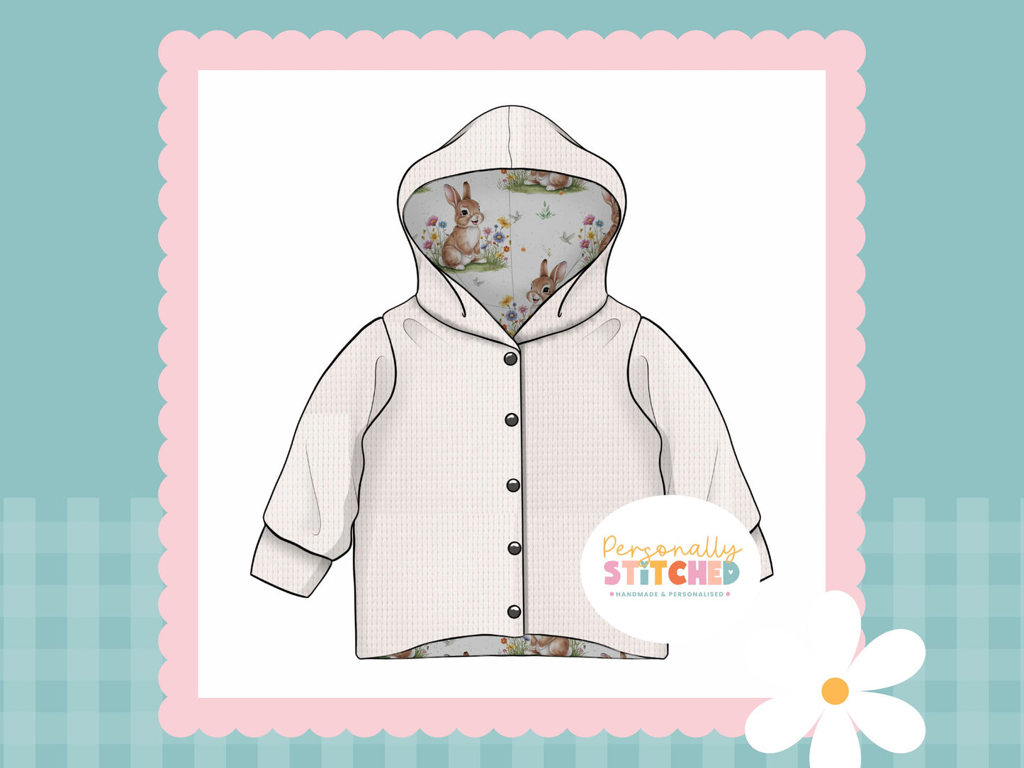 Exclusive Colour Cutie Rabbit Print Waffle Knit Hooded Cardigan