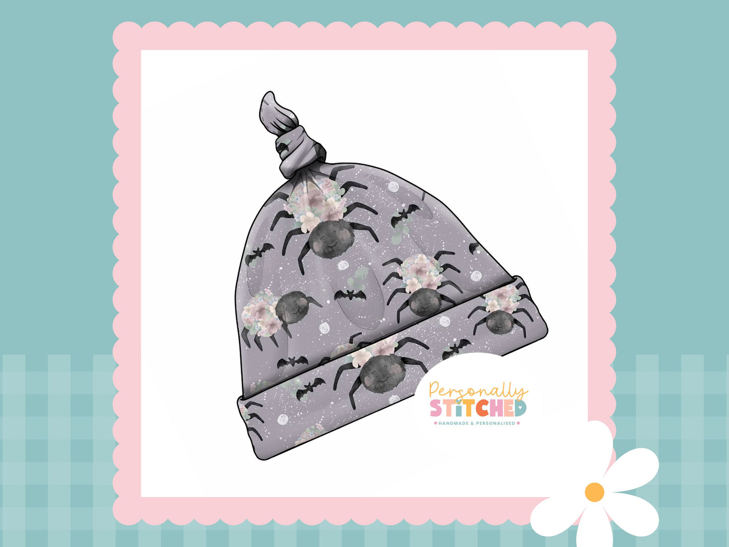 Floral Spider Print Handmade Tie Knot Baby Hat