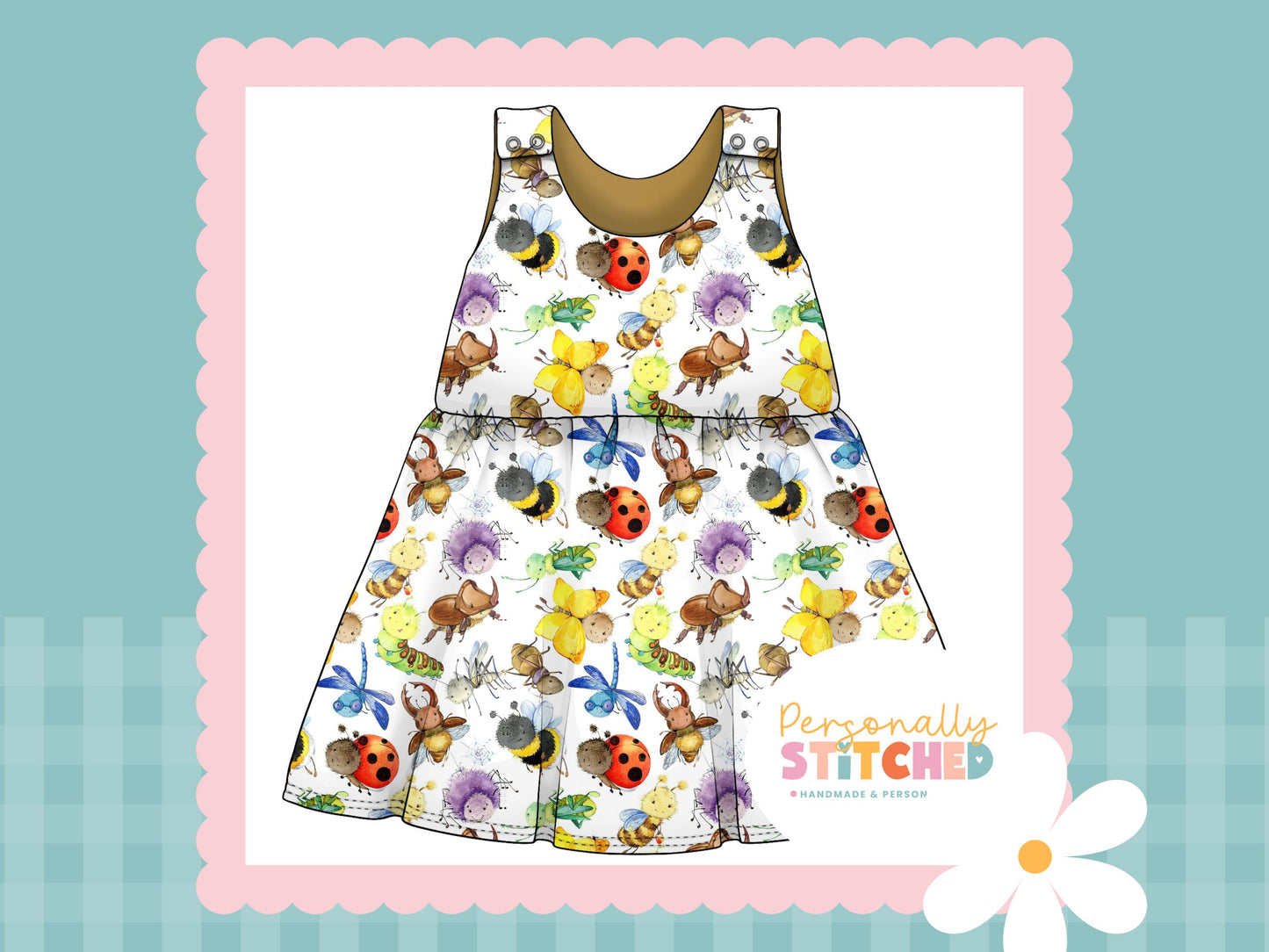 Happy Bugs Print French Terry Blossom Dress (Handmade To Order)