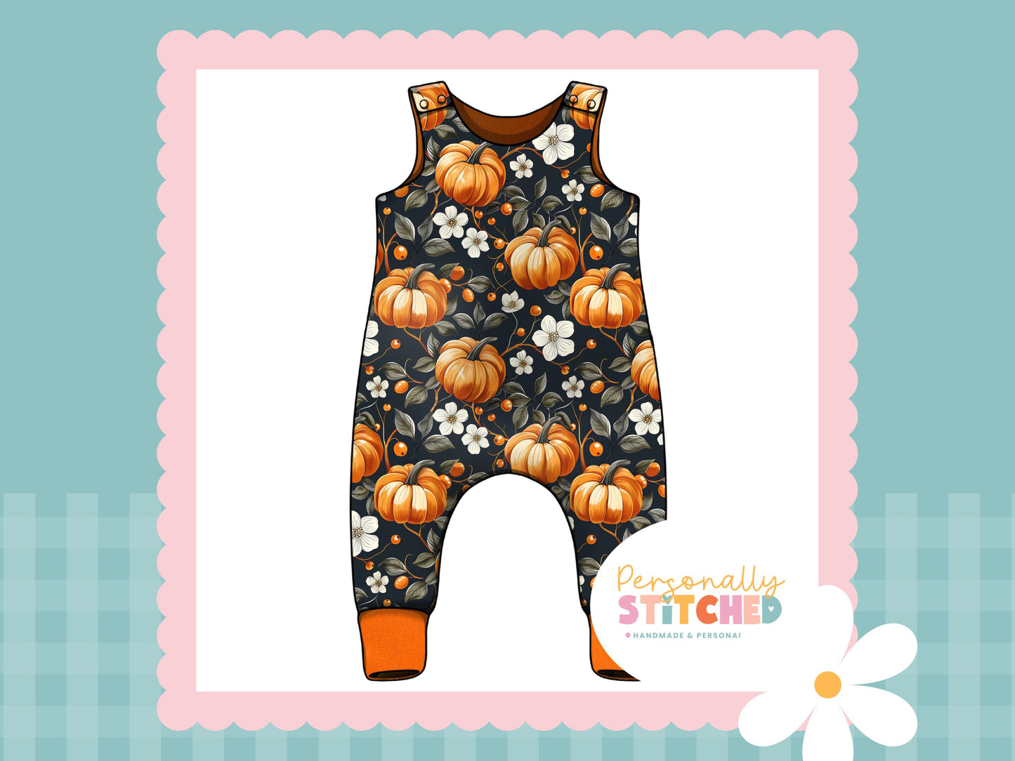 Pumpkin & Flowers Print French Terry Romper (Handmade To Order)