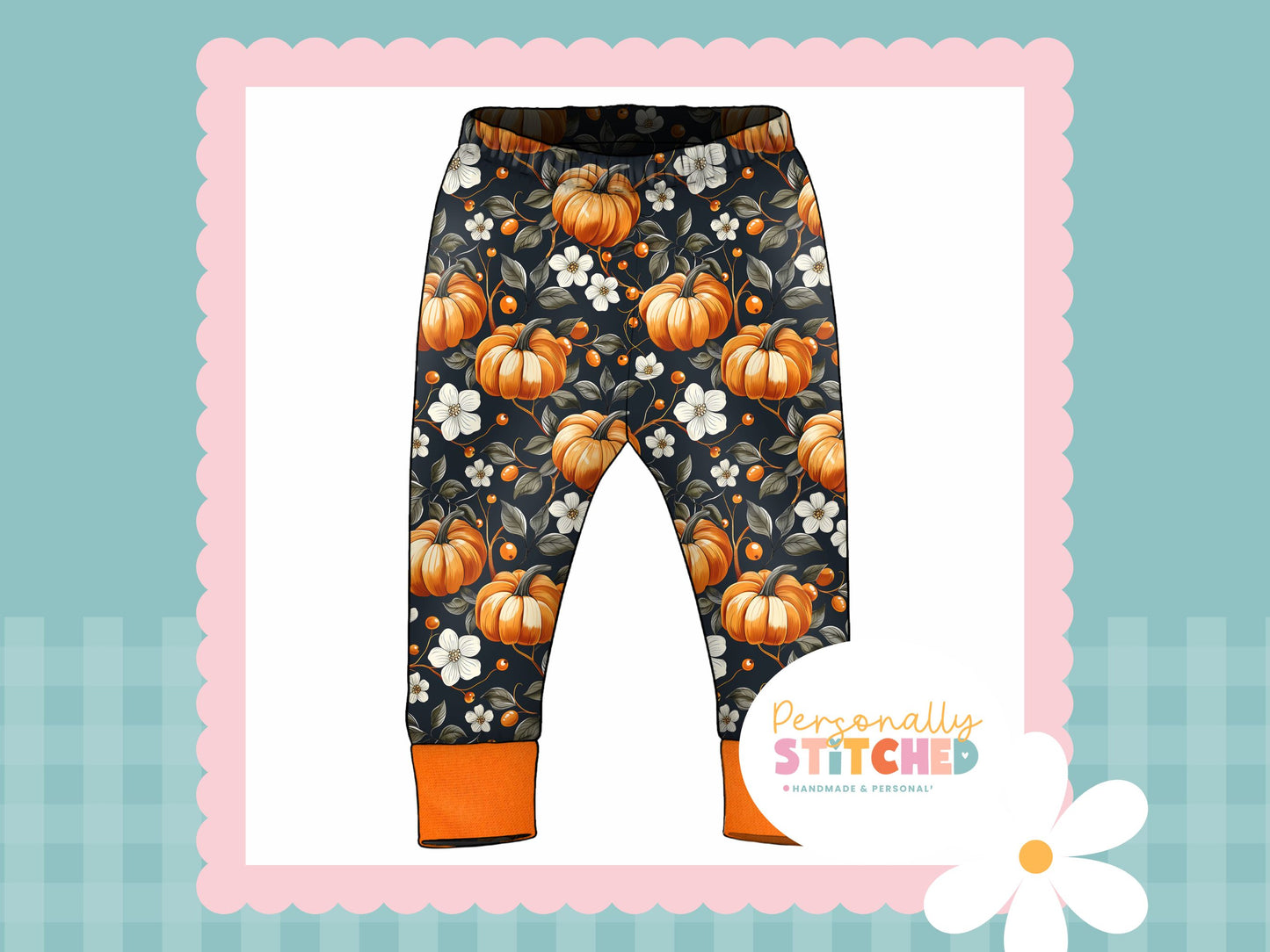 Pumpkin & Flowers Print French Terry Cuff Leggings