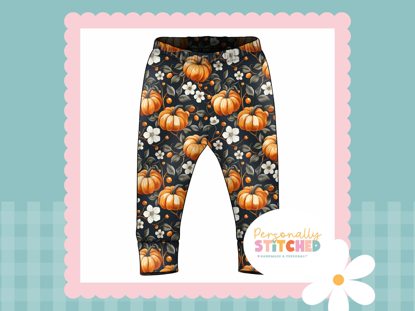 Pumpkin & Flowers Print French Terry Cuff Leggings