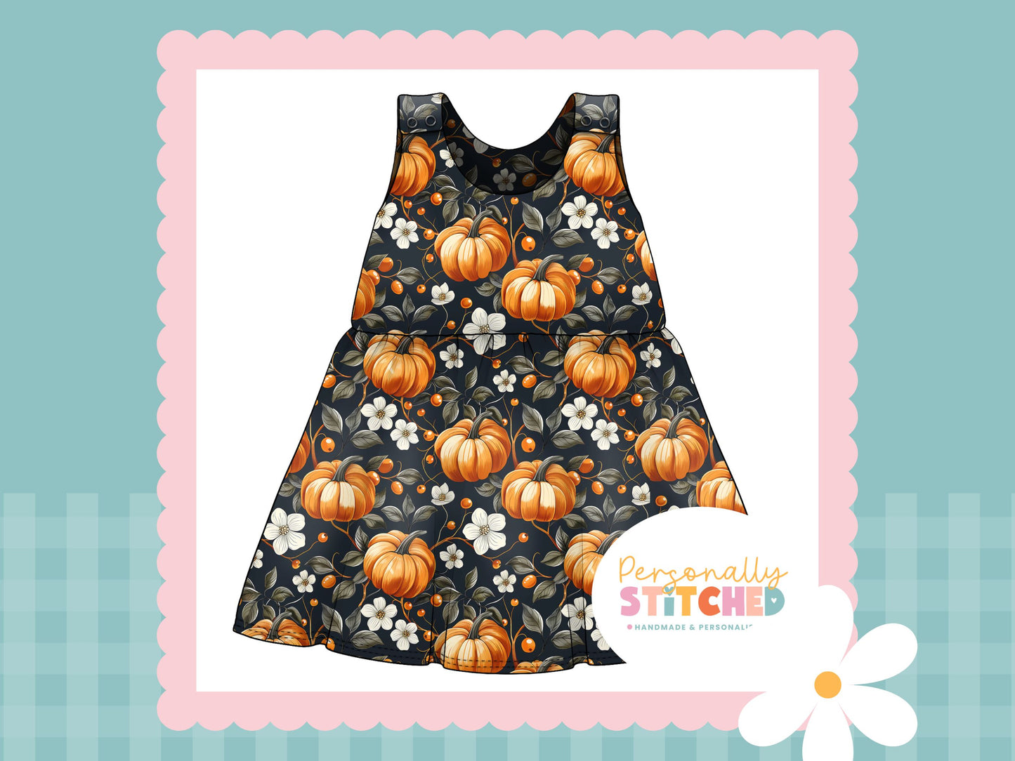 Pumpkin & Flowers Print French Terry Blossom Dress (Handmade To Order)