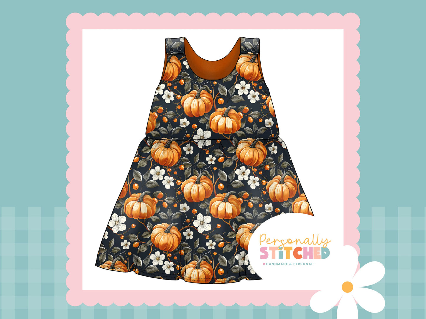 Pumpkin & Flowers Print French Terry Blossom Dress (Handmade To Order)