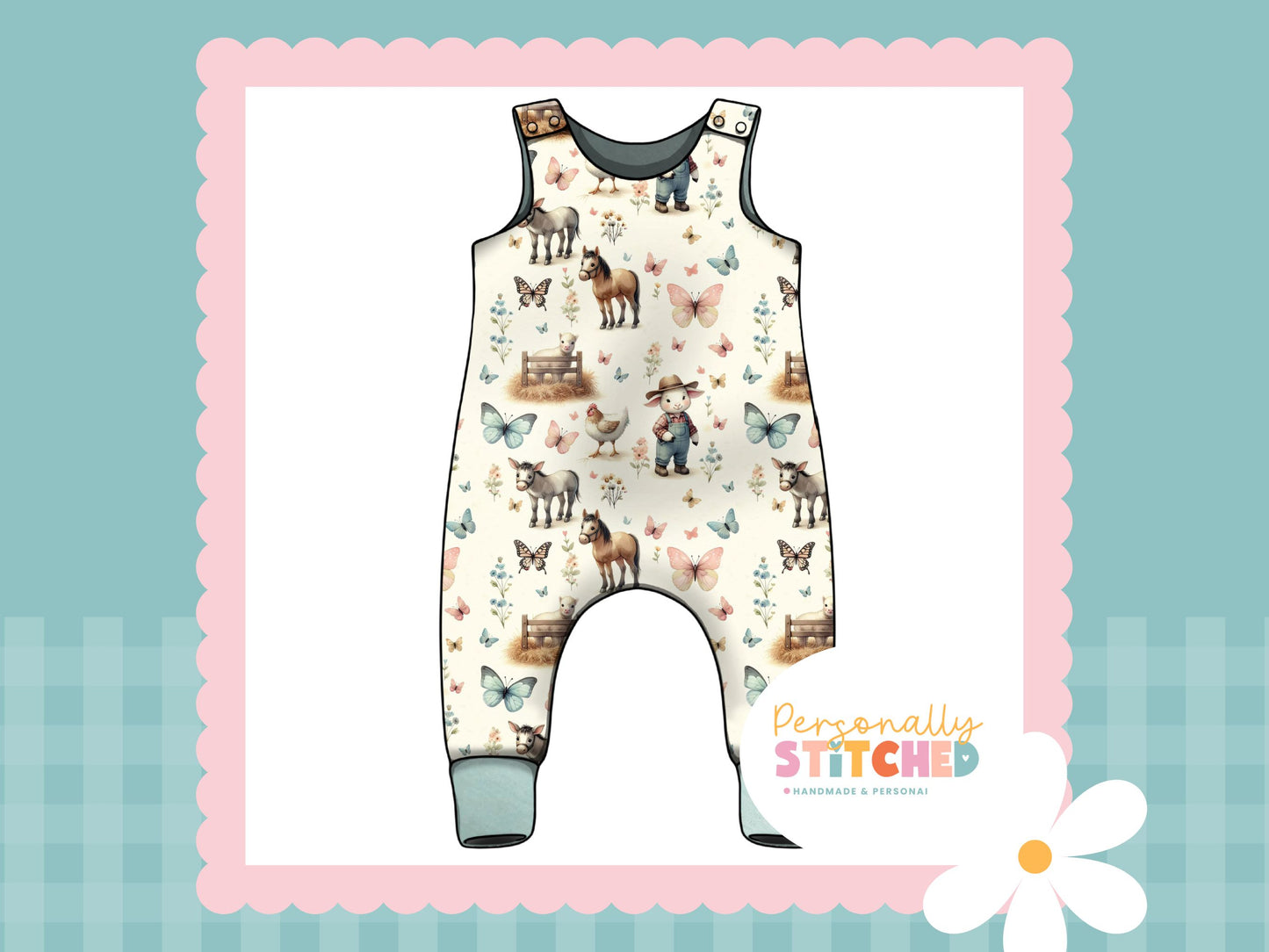 On The Farm Print Organic Jersey Romper (Handmade To Order)