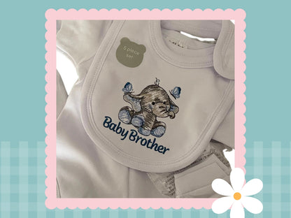 5 Piece Personalised Layette Set | Elle The Elephant Design | Embroidered