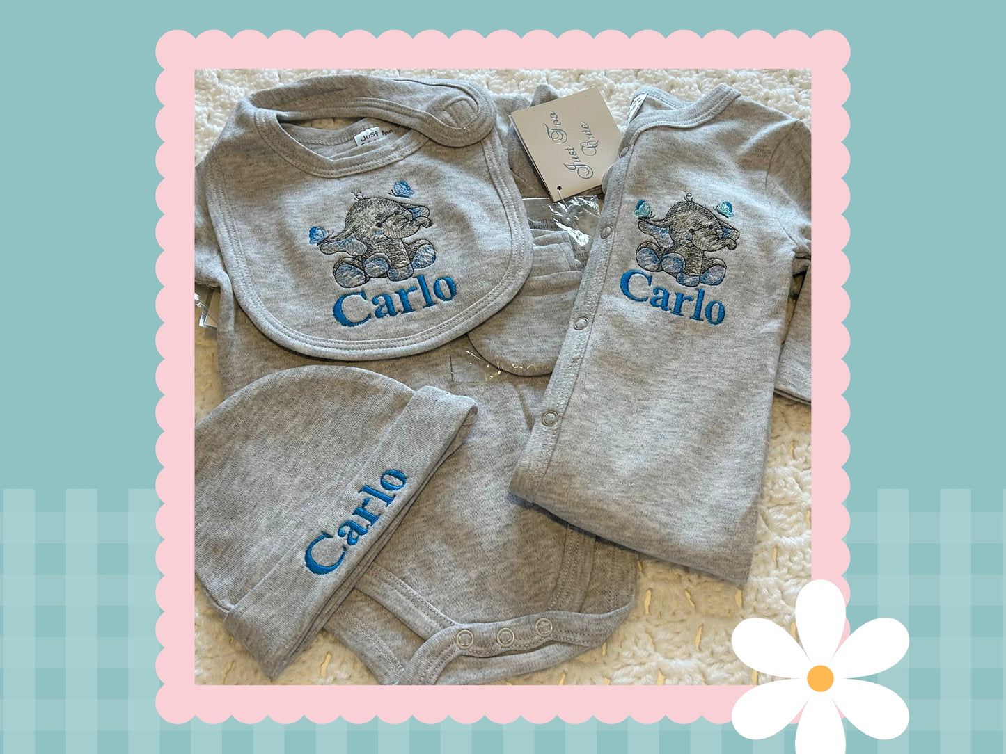 5 Piece Personalised Layette Set ✭ Elle The Elephant Design