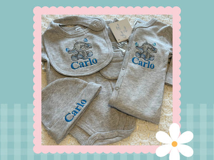 5 Piece Personalised Layette Set | Elle The Elephant Design | Embroidered