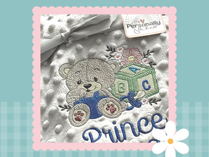 Personalised Dimple Fleece Blanket | Bear Design | Embroidered