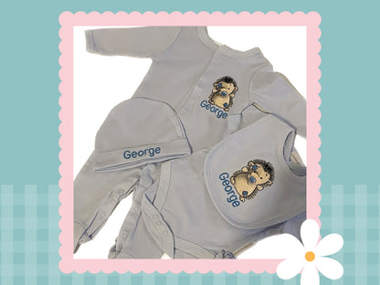 5 Piece Personalised Layette Set | Hedgehog Design | Embroidered