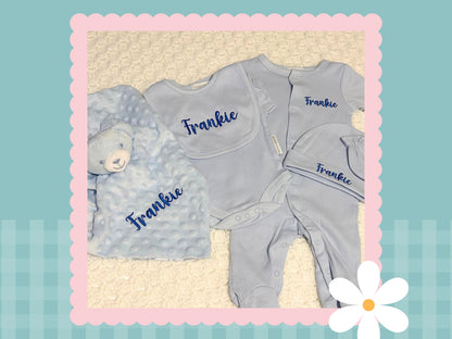 5 Piece Personalised Layette Set | Name Only | Embroidered