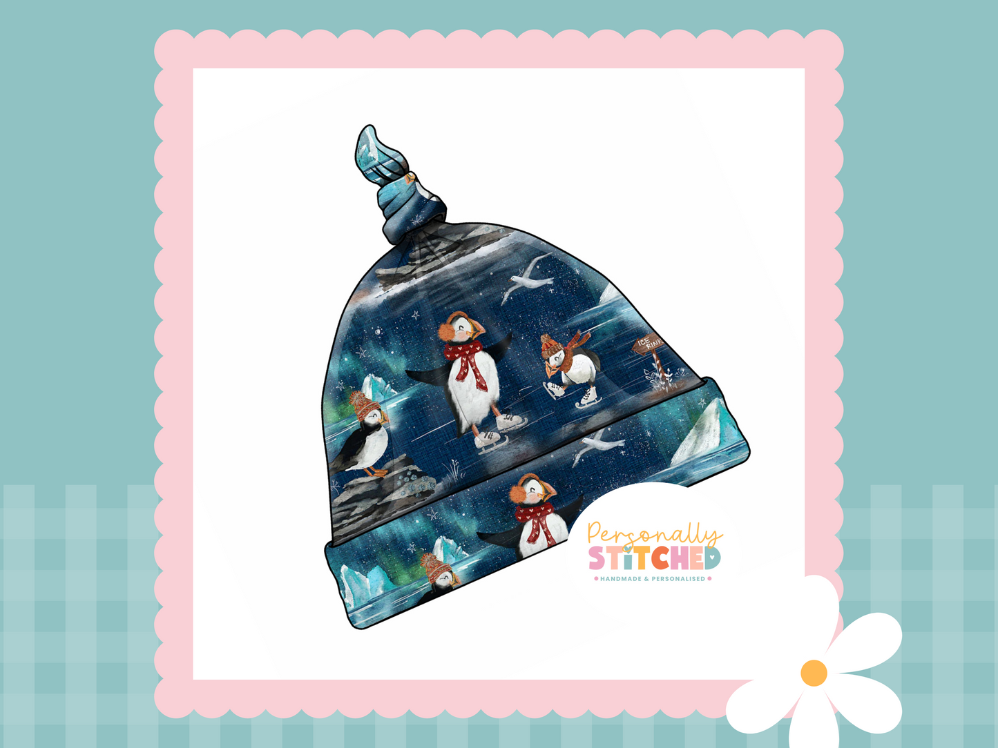 Ice Skating Puffins Handmade Tie Knot Baby Hat